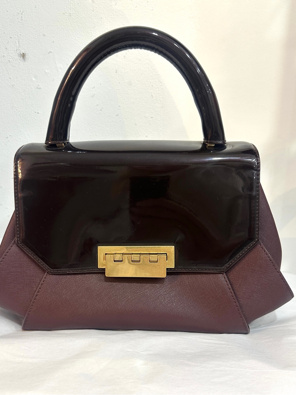 ZAC Zac Posen Two-Tone Burgundy Top-Handle Satchel with Gold Hardware